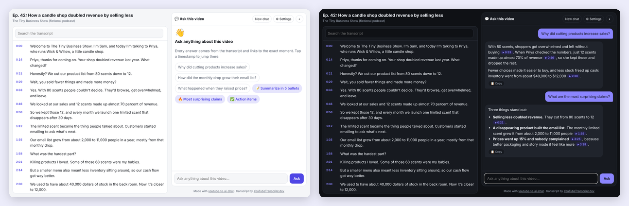 The chat page welcome screen with suggested questions, and the dark mode version with answers.
