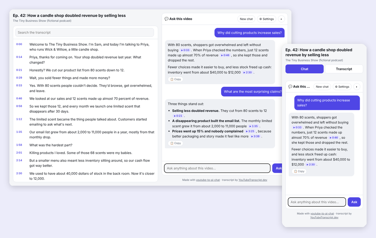 A chat-with-video page: transcript on the left, cited answers on the right, and a phone view.