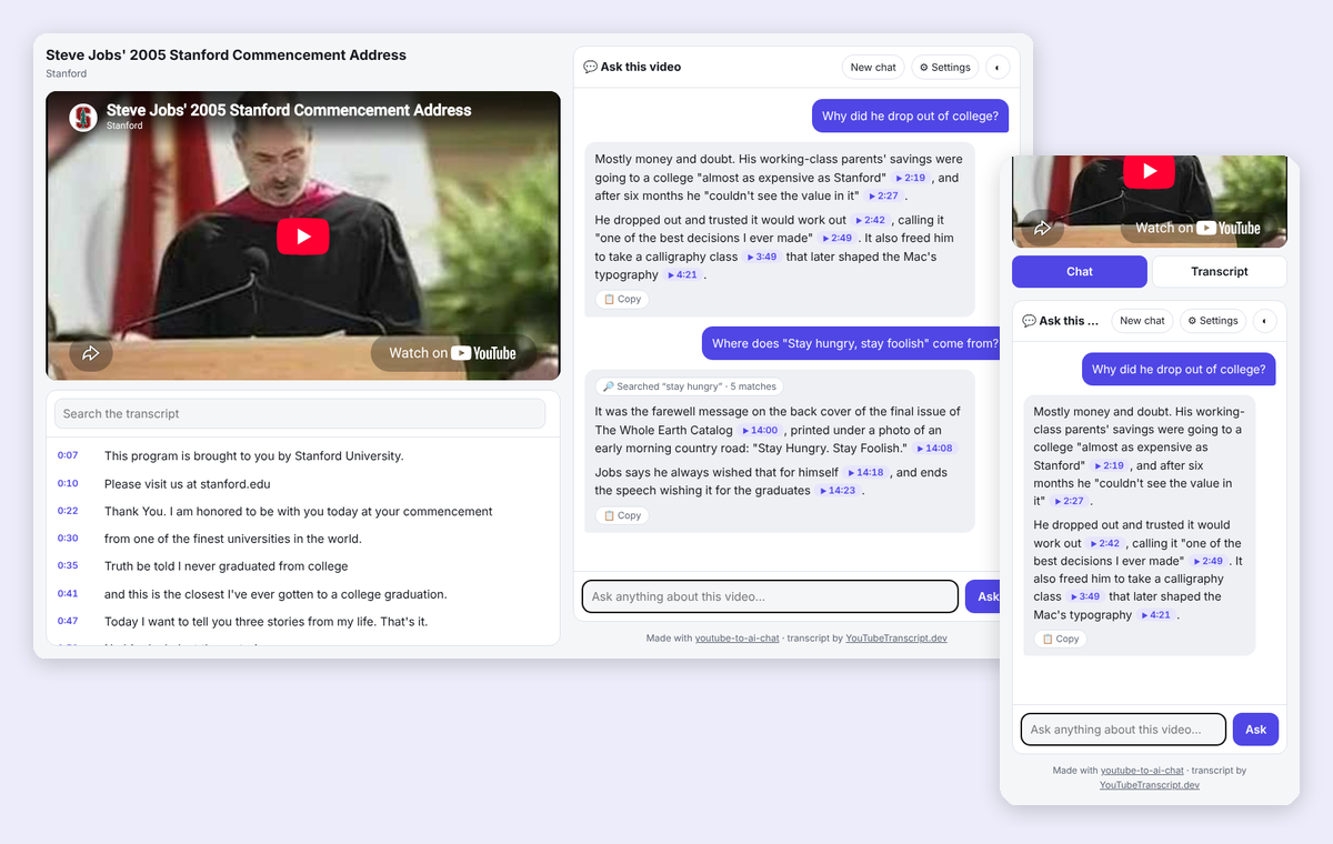 A chat page for Steve Jobs' 2005 Stanford commencement speech, with answers that cite exact timestamps.