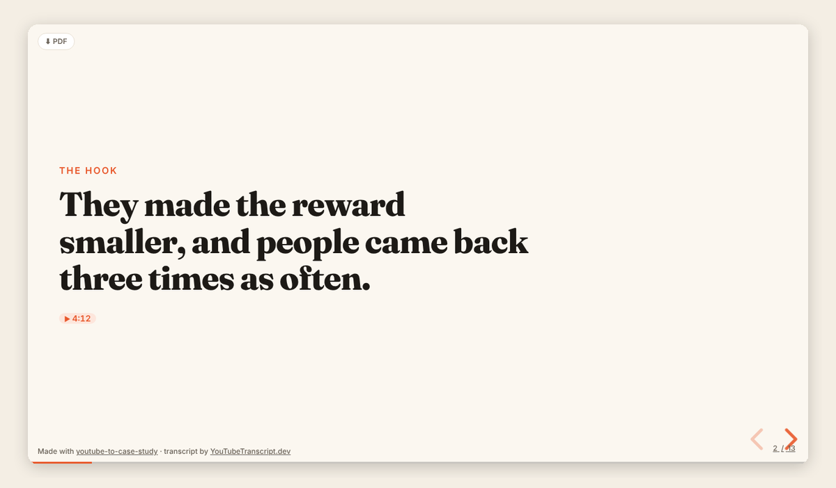 A case study slide reading: They made the reward smaller, and people came back three times as often.
