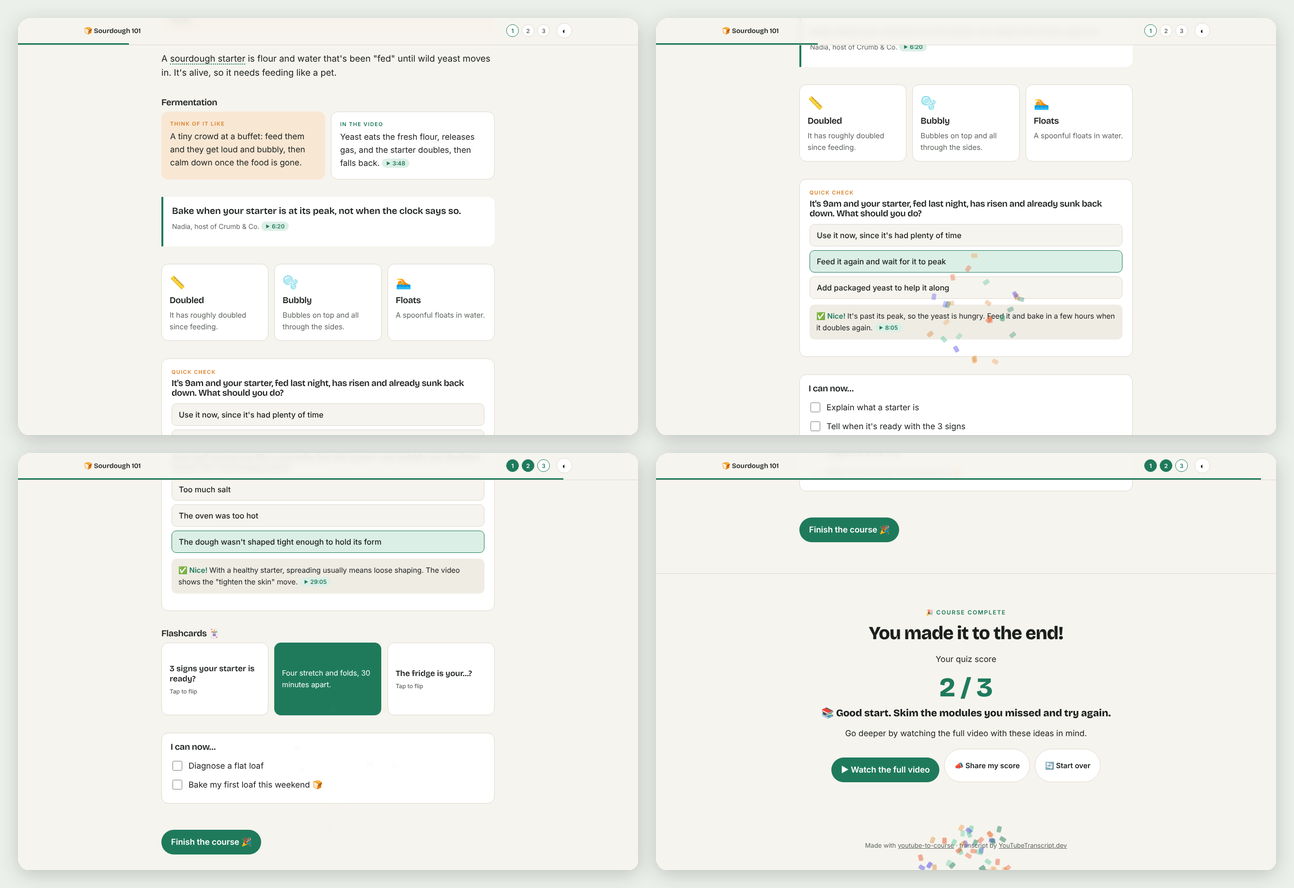 Course screens: a metaphor block, a quiz with confetti, flip flashcards, and the final score.