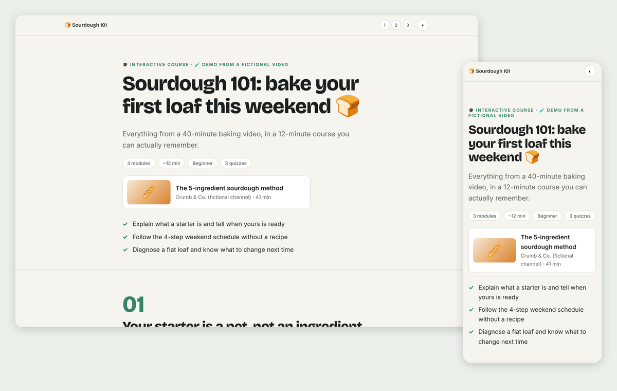 An interactive course called Sourdough 101 on desktop and phone.