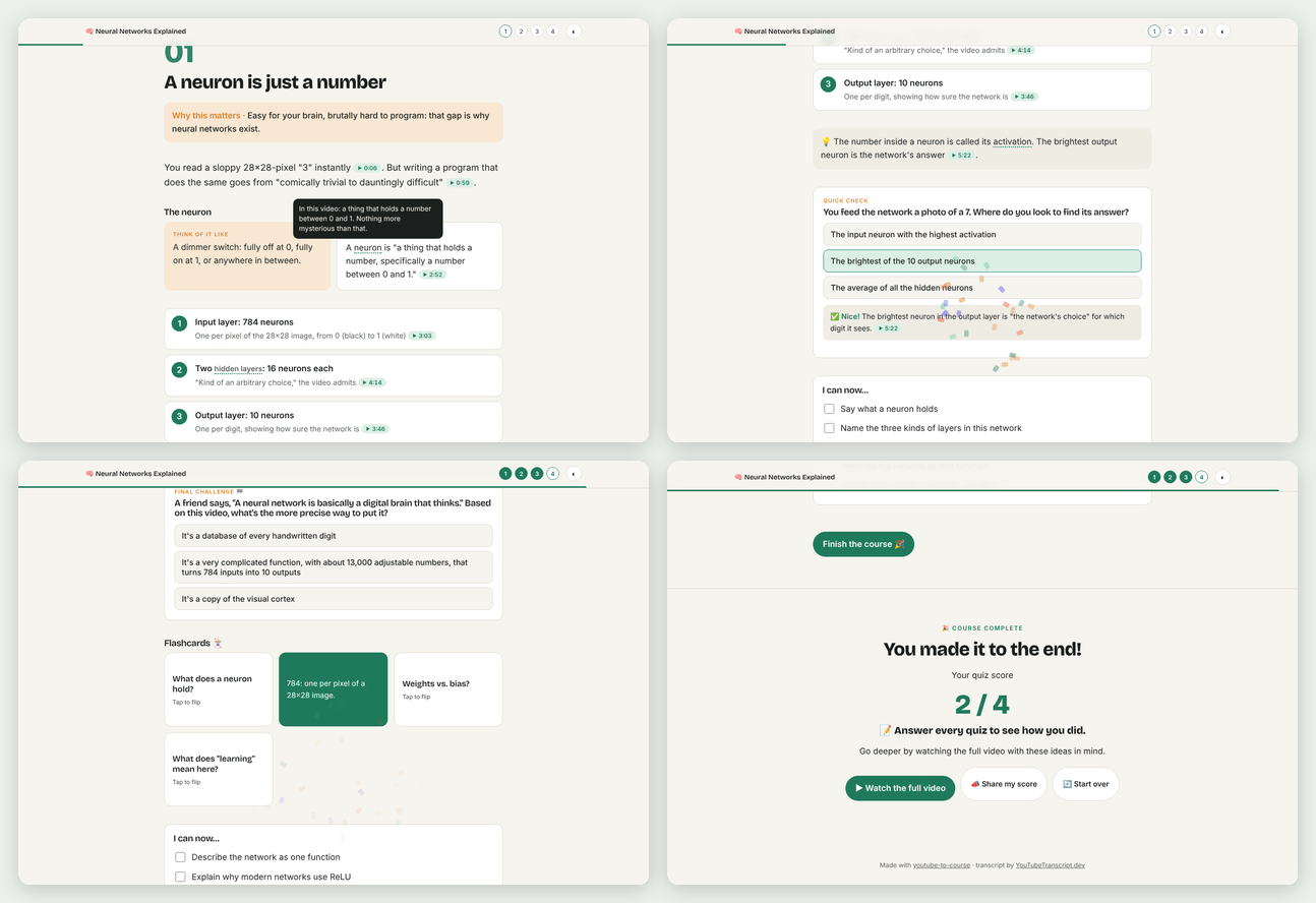 Screens from a neural networks course: a metaphor block, a quiz, flashcards, and the final score.