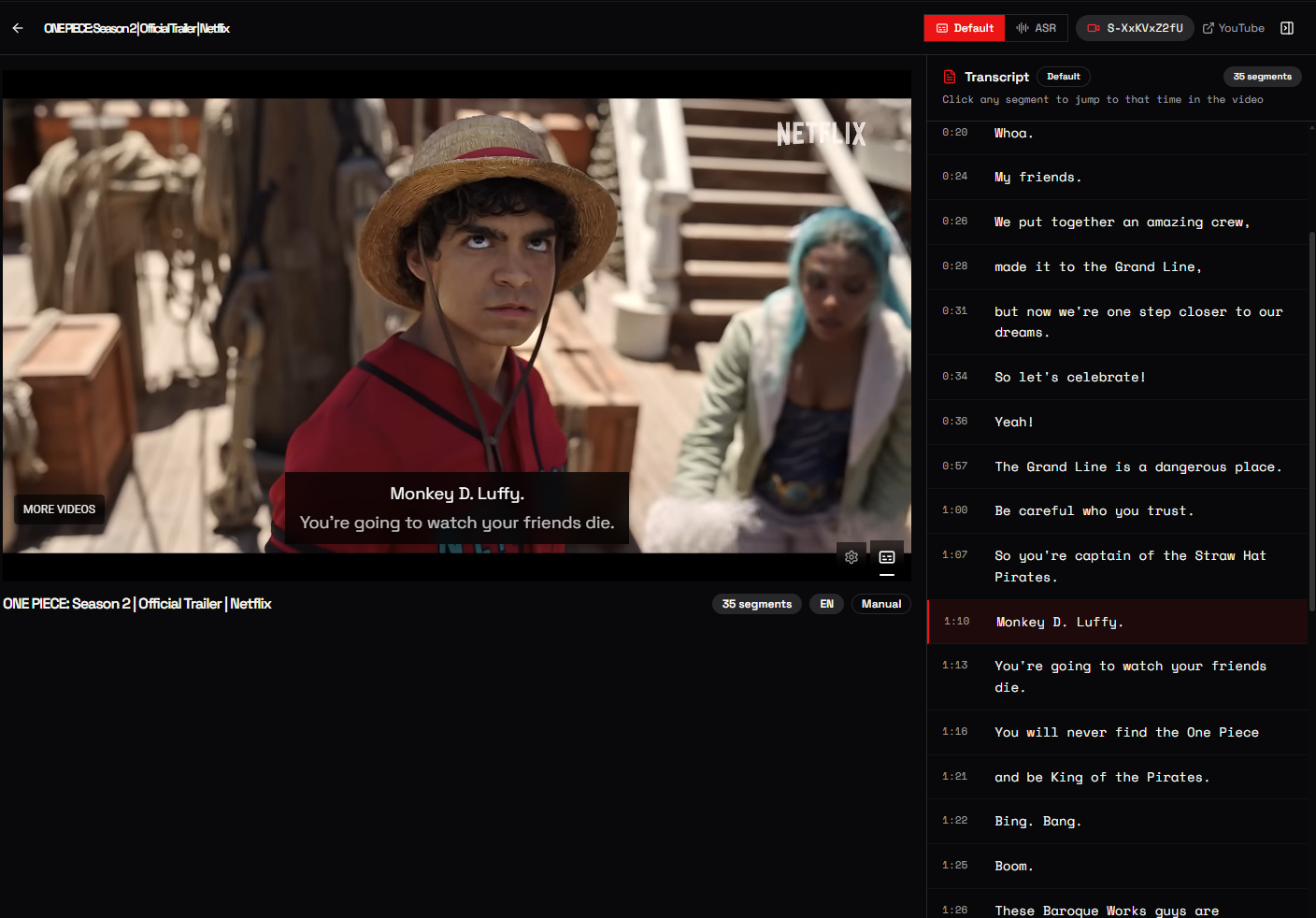 Interactive Viewer showing YouTube video with live subtitle overlay and synced transcript sidebar
